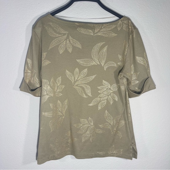 Karen Scott Gold and Green Boat Neck Cuffed Sleeve Blouse - Picture 3 of 6